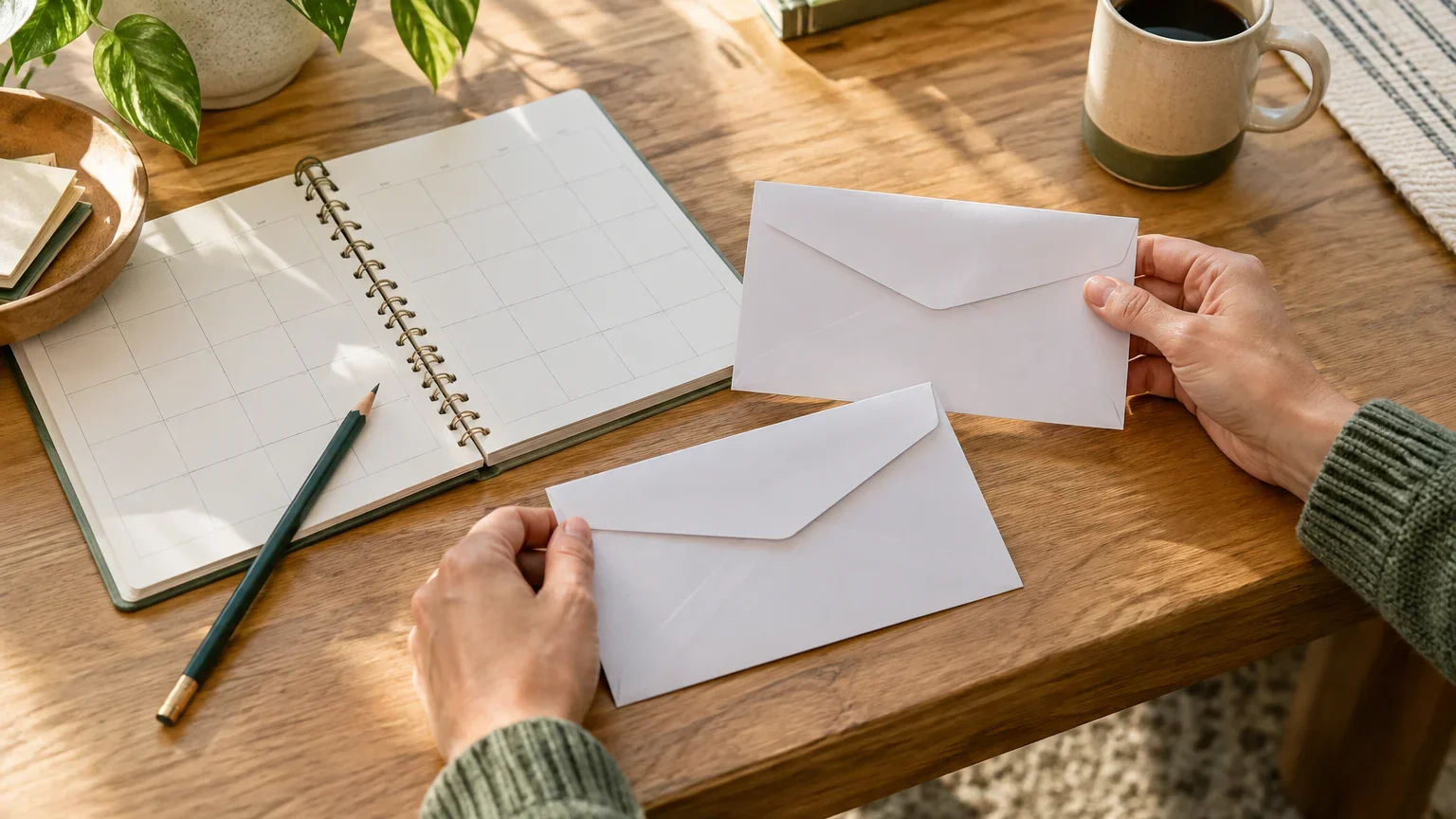 Hands sorting two blank envelopes beside an open calendar on a sunlit desk.
