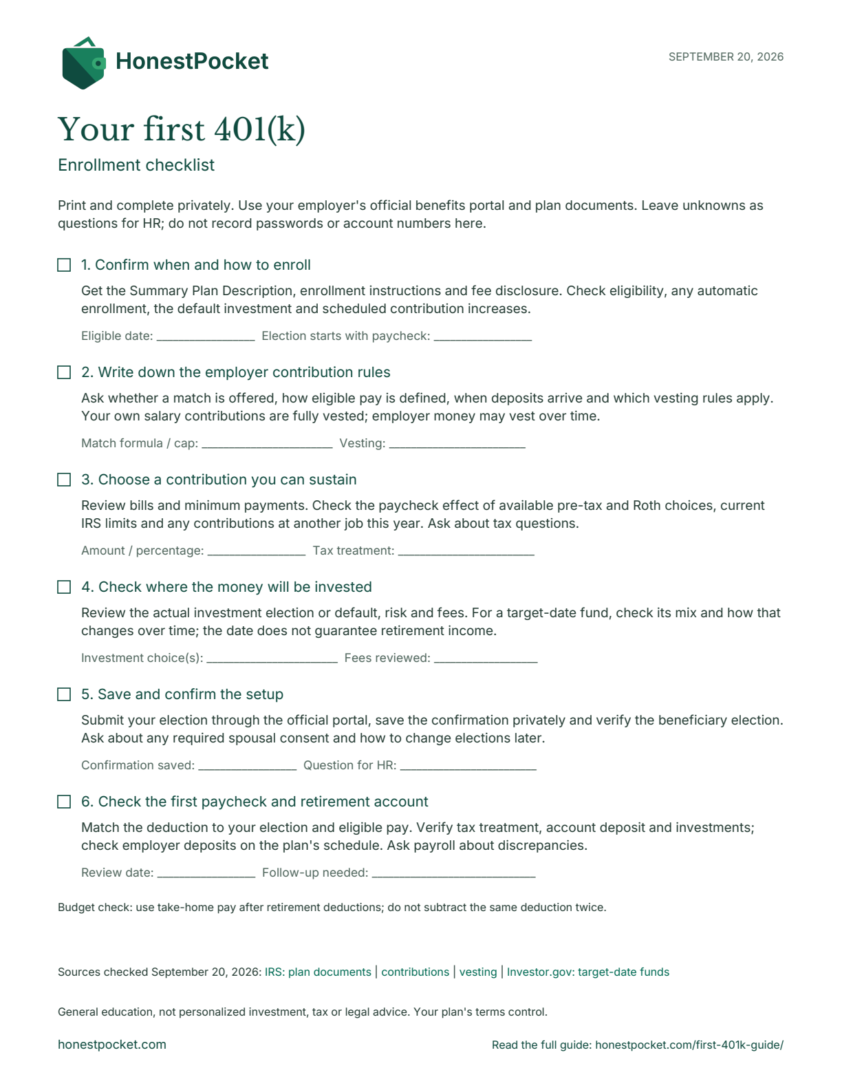 Preview of the HonestPocket 401(k) enrollment checklist