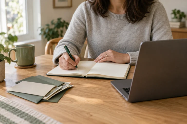 A person planning a household budget with a notebook, cash envelopes and a laptop at a kitchen table.