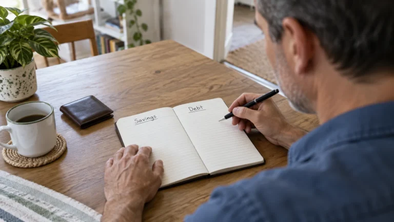 A reader considering Savings and Debt headings in an open notebook.