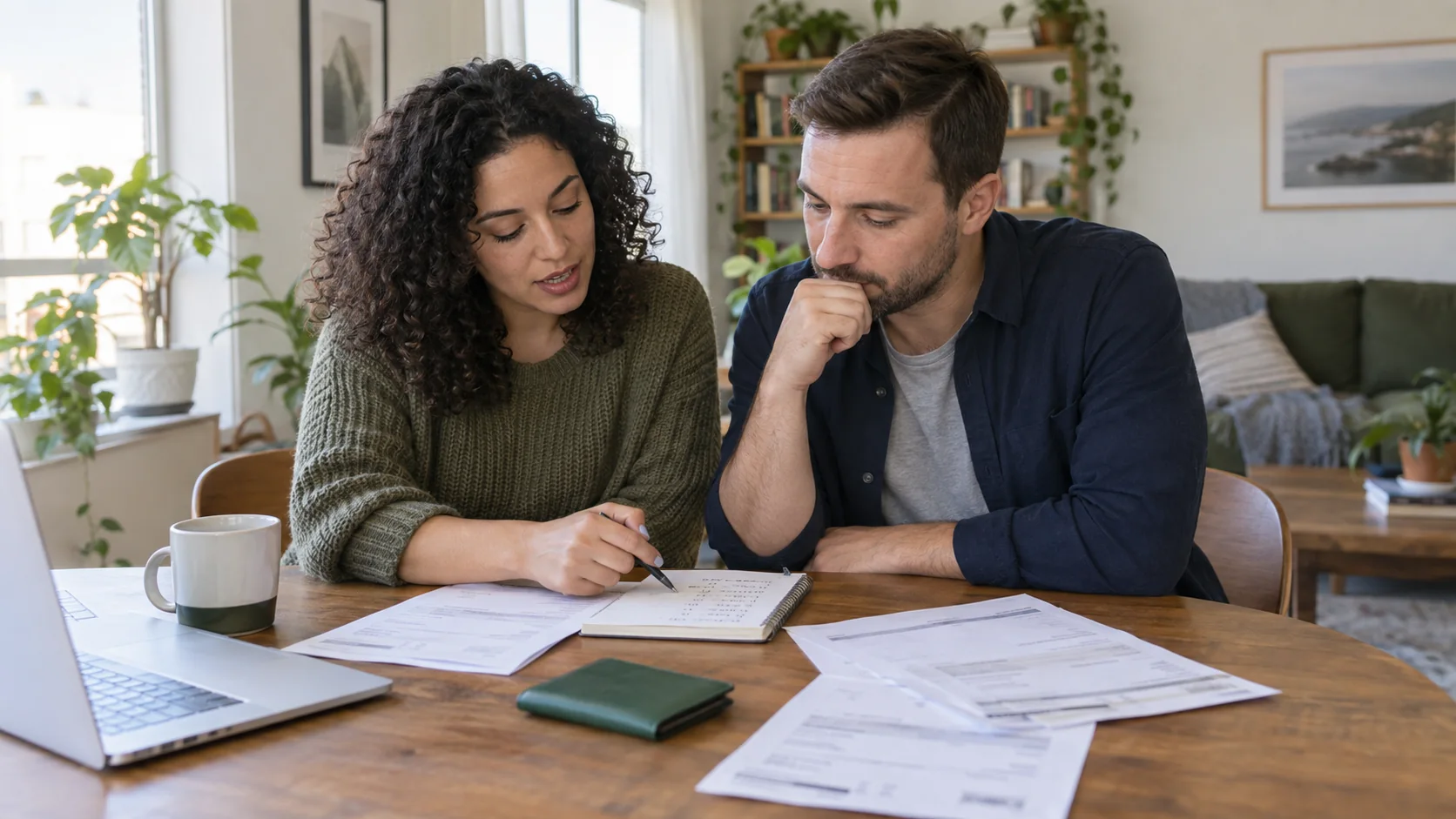 A couple comparing household statements and writing a debt repayment plan together.