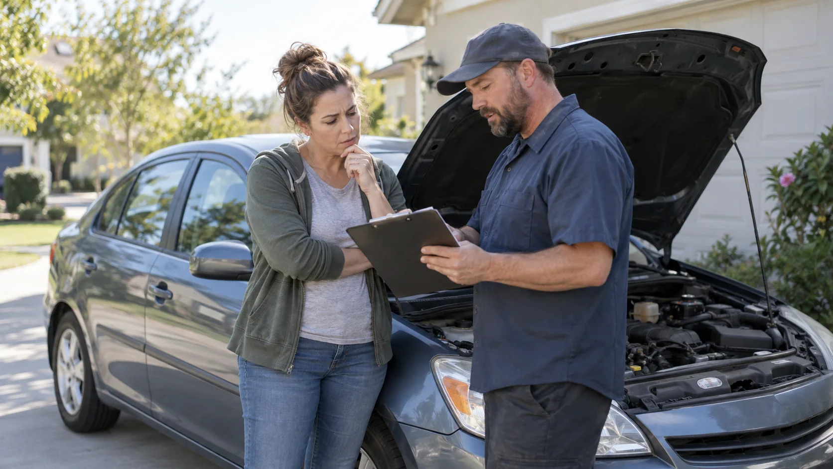 A driver reviewing a repair estimate with a mechanic beside an open car hood.