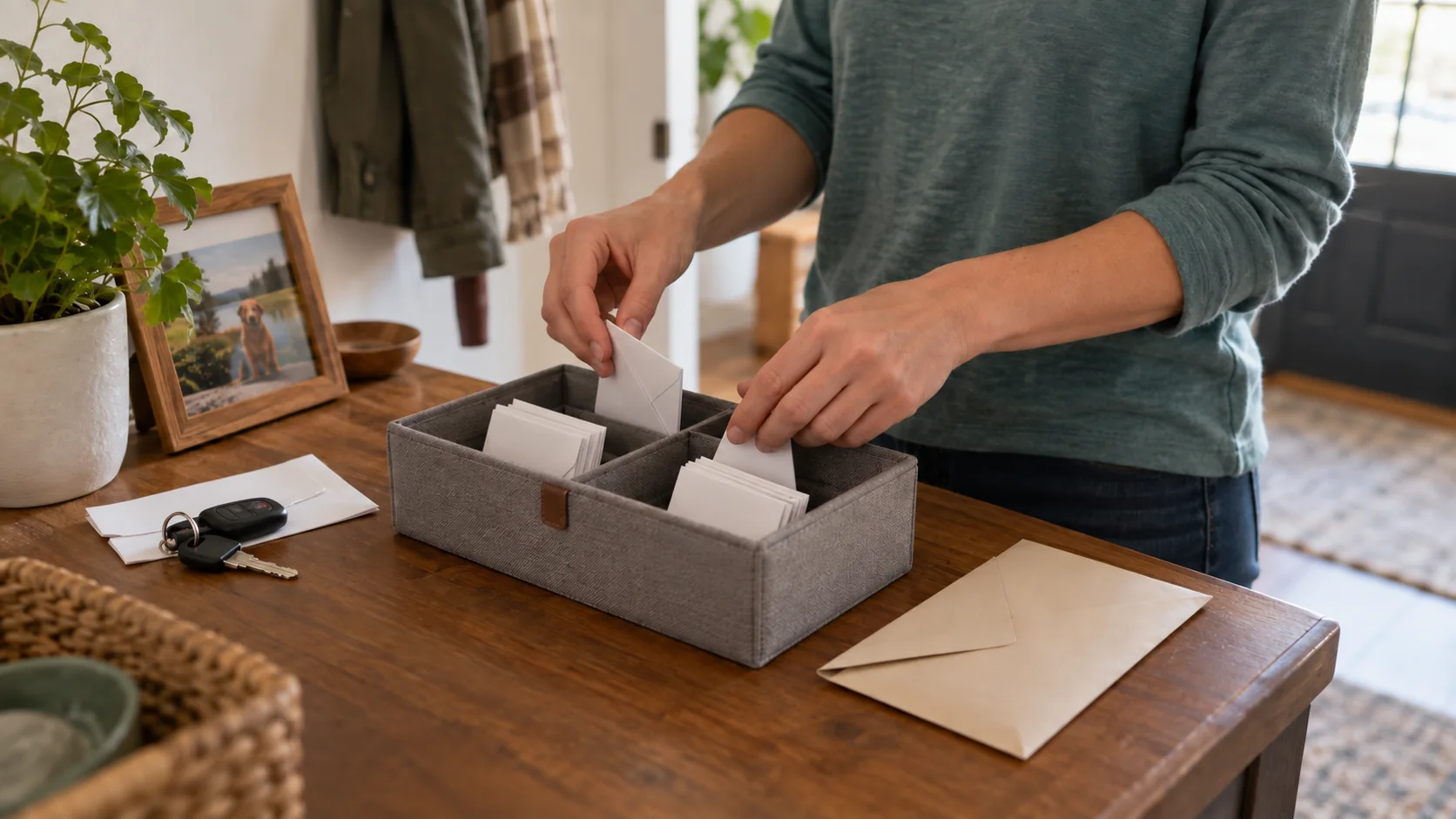 Hands sorting planning envelopes into separate organizer compartments beside a car key.