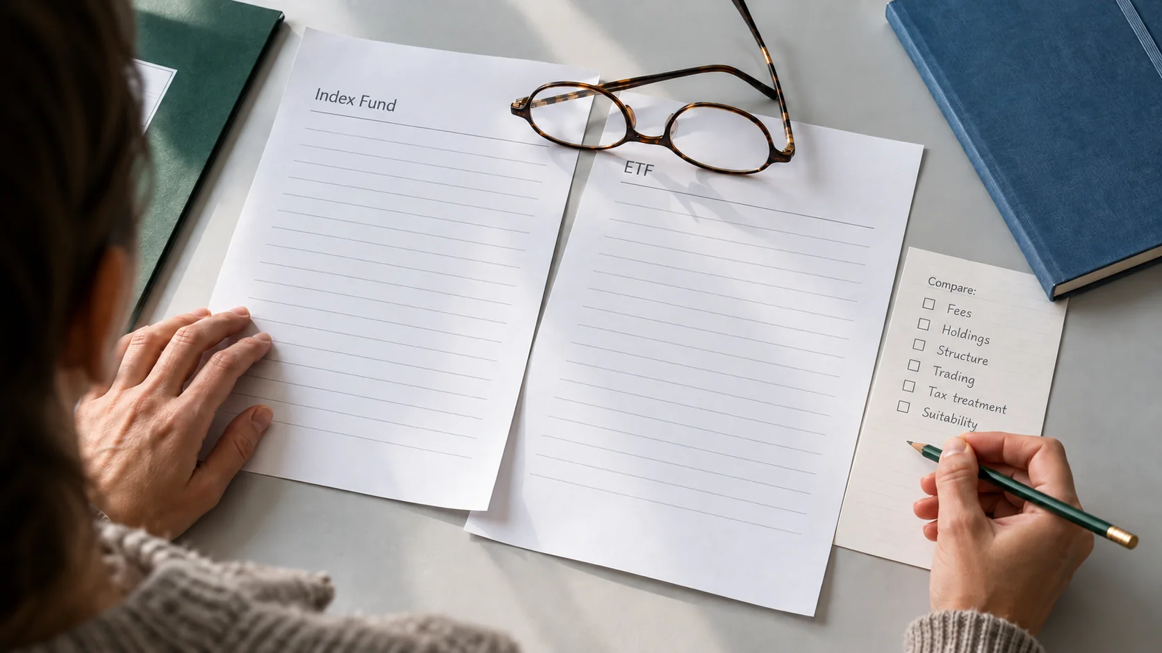 A reader comparing index-fund and ETF worksheets with a checklist of fees, holdings and suitability.