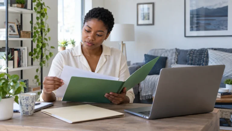 A reader reviewing documents in a green folder beside a laptop at home.