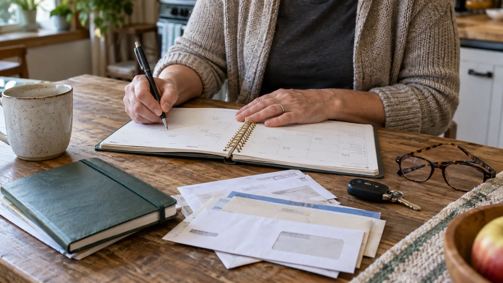Hands planning occasional household bills in a calendar beside envelopes and a car key.