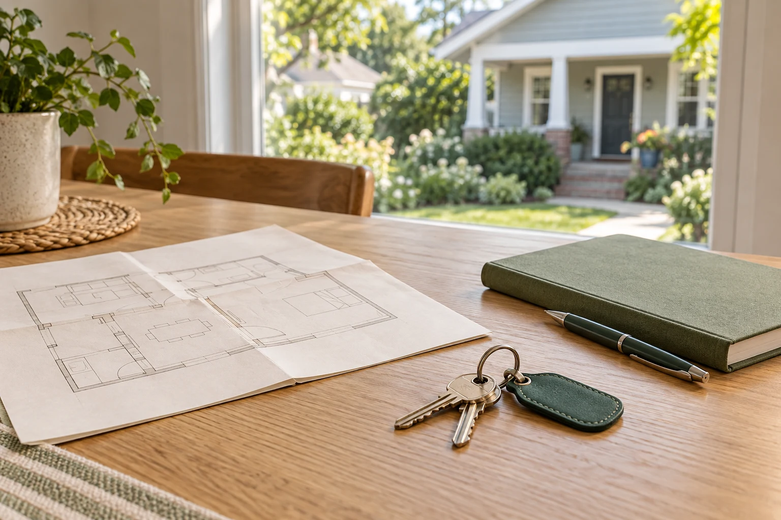 House keys, a floor plan and a green notebook on a table, with a home visible through the window.