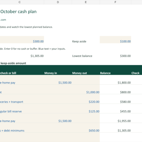 HonestPocket planner worked example showing October paydays, bills, and the running cash balance; all amounts are fictional.