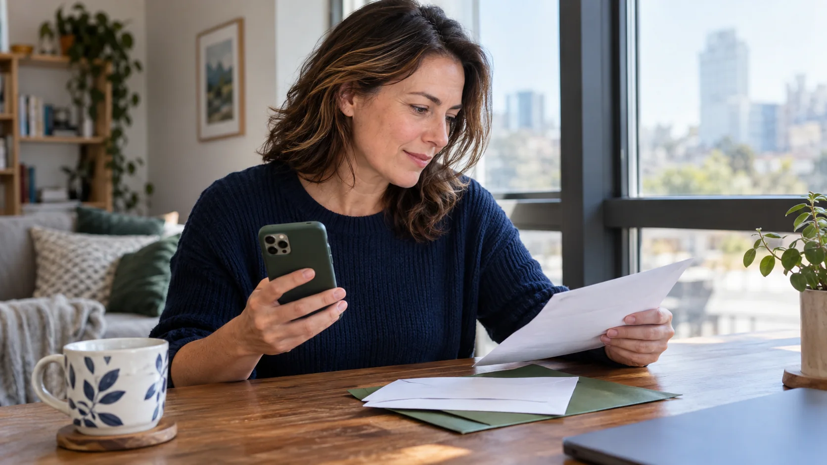 A reader comparing account paperwork while holding a smartphone at home.