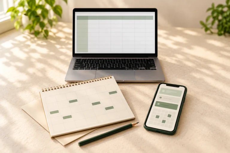 Paper bill calendar, spreadsheet and phone representing different ways to plan bills between paychecks.
