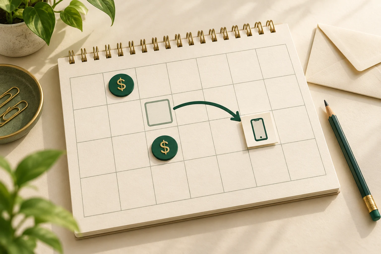 Illustrated calendar with two payday markers and a phone bill moving to a later date.